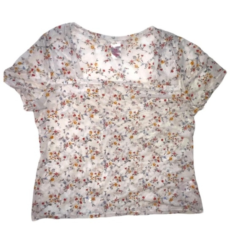 No Boundaries Floral Shortsleeved Shirt Sheer Mesh Top Square Neckline Size XL